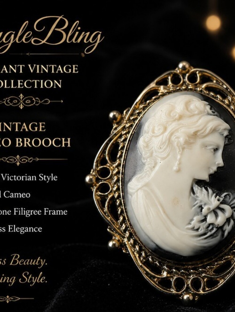 Vintage Cameo Brooch Black Ivory Resin Gold Tone Filigree Victorian Revival